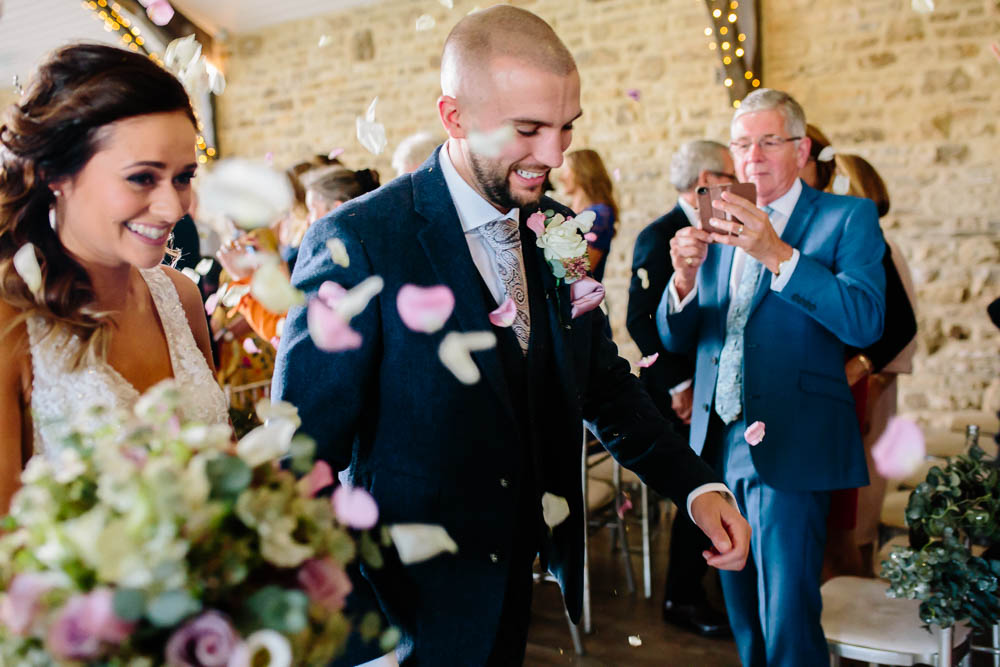 Bride Bridal Sleeveless V Neck Embellished Dress Gown Fitted Blue Tweed Groom Suit Confetti Yorkshire Wedding Barn Anna Rose Photography