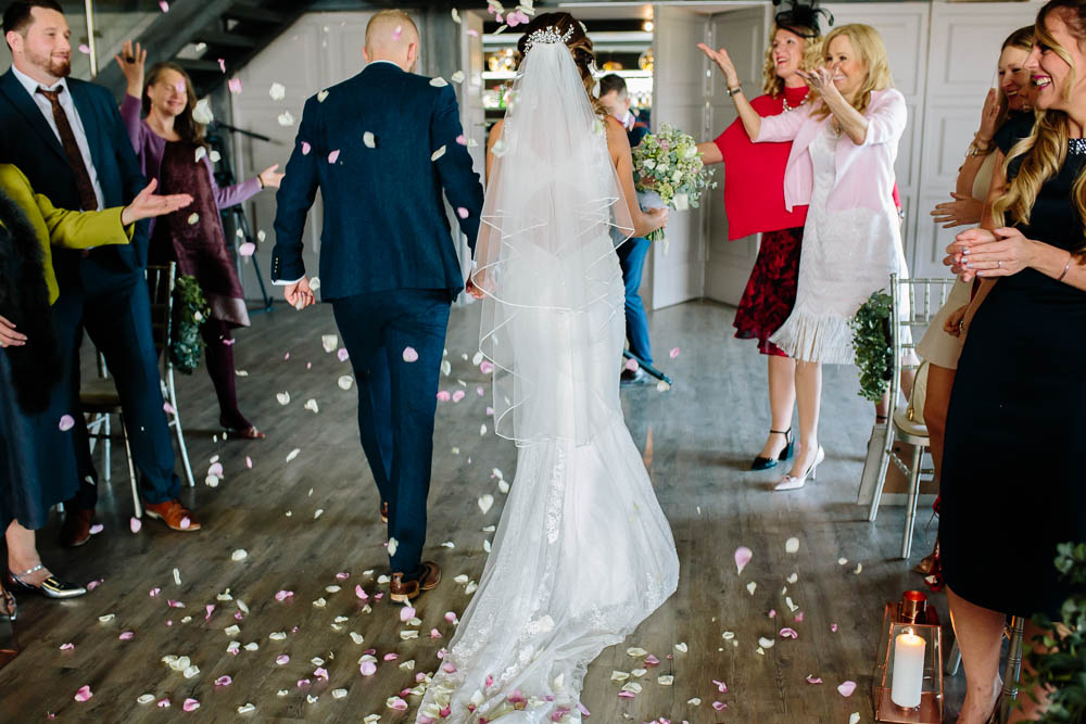 Bride Bridal Sleeveless V Neck Embellished Dress Gown Fitted Blue Tweed Groom Suit Veil Confetti Yorkshire Wedding Barn Anna Rose Photography