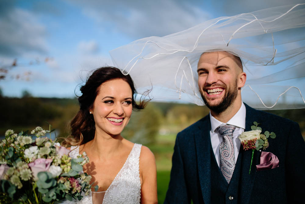 Bride Bridal Sleeveless V Neck Embellished Dress Gown Fitted Blue Tweed Groom Suit Veil Yorkshire Wedding Barn Anna Rose Photography