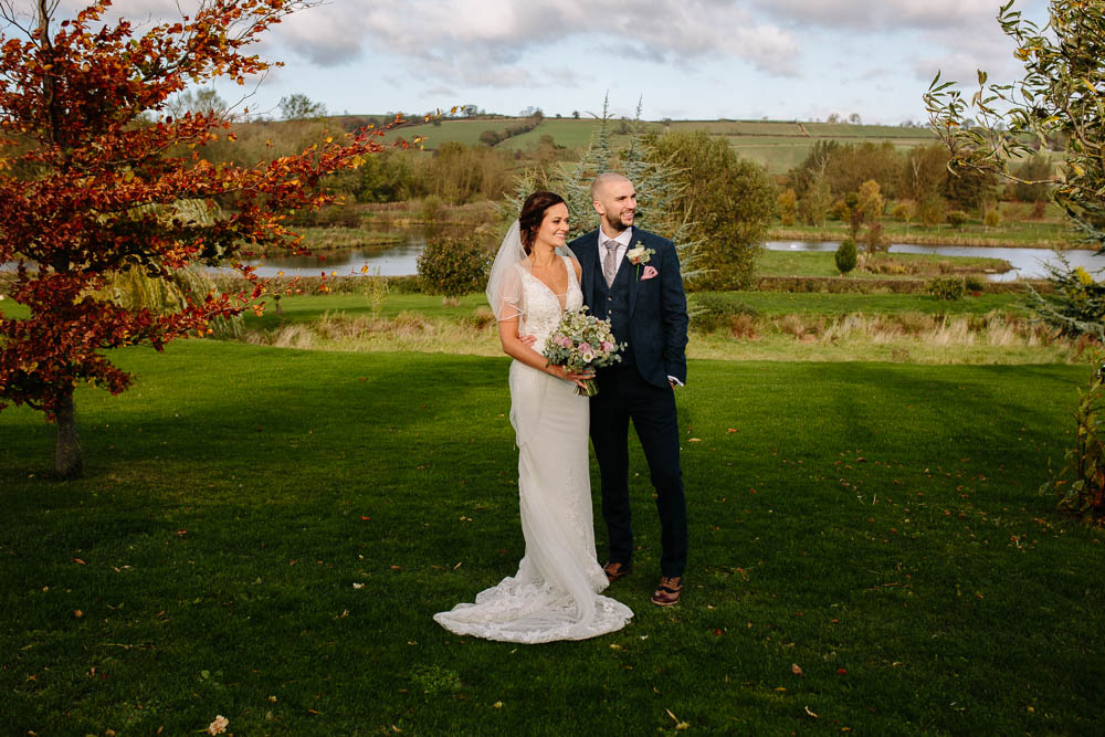 Bride Bridal Sleeveless V Neck Embellished Dress Gown Fitted Blue Tweed Groom Suit Veil Bouquet Yorkshire Wedding Barn Anna Rose Photography