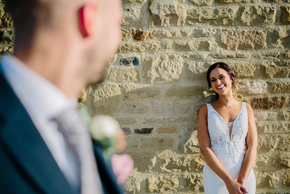 Bride Bridal Sleeveless V Neck Embellished Dress Gown Fitted Blue Tweed Groom Suit Yorkshire Wedding Barn Anna Rose Photography