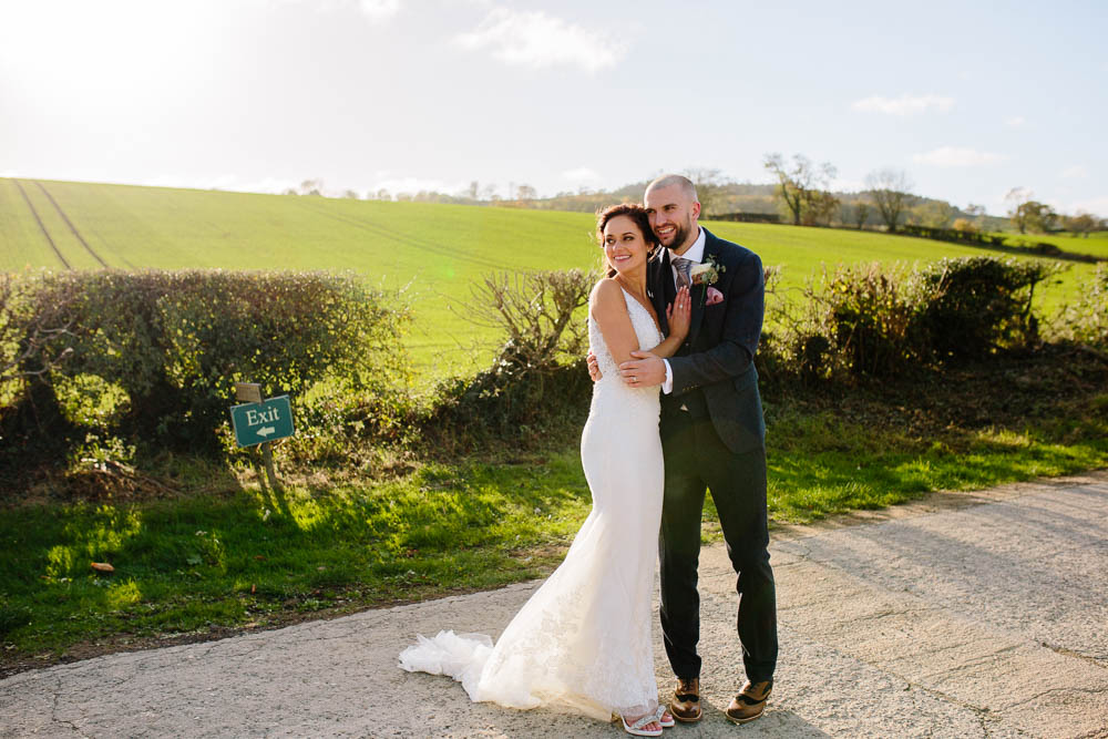 Bride Bridal Sleeveless V Neck Embellished Dress Gown Fitted Blue Tweed Groom Suit Yorkshire Wedding Barn Anna Rose Photography