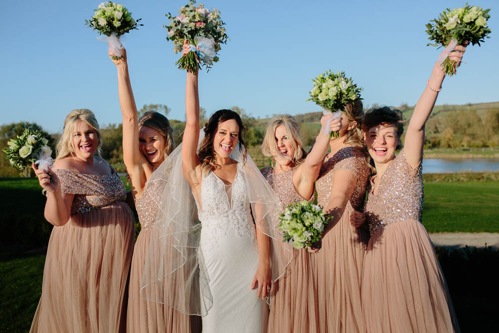 Bride Bridal Sleeveless V Neck Embellished Dress Gown Fitted Veil Blush Bridesmaids Maxi Sequin Bouquet Yorkshire Wedding Barn Anna Rose Photography