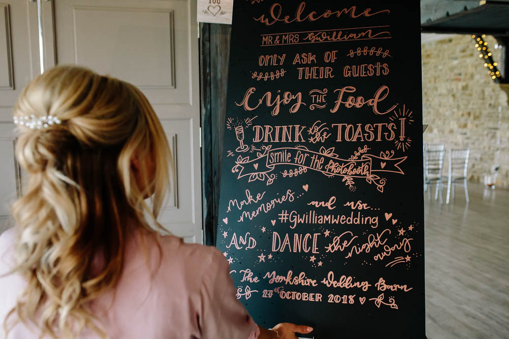 Bespoke Chalk Board Welcome Yorkshire Wedding Barn Anna Rose Photography