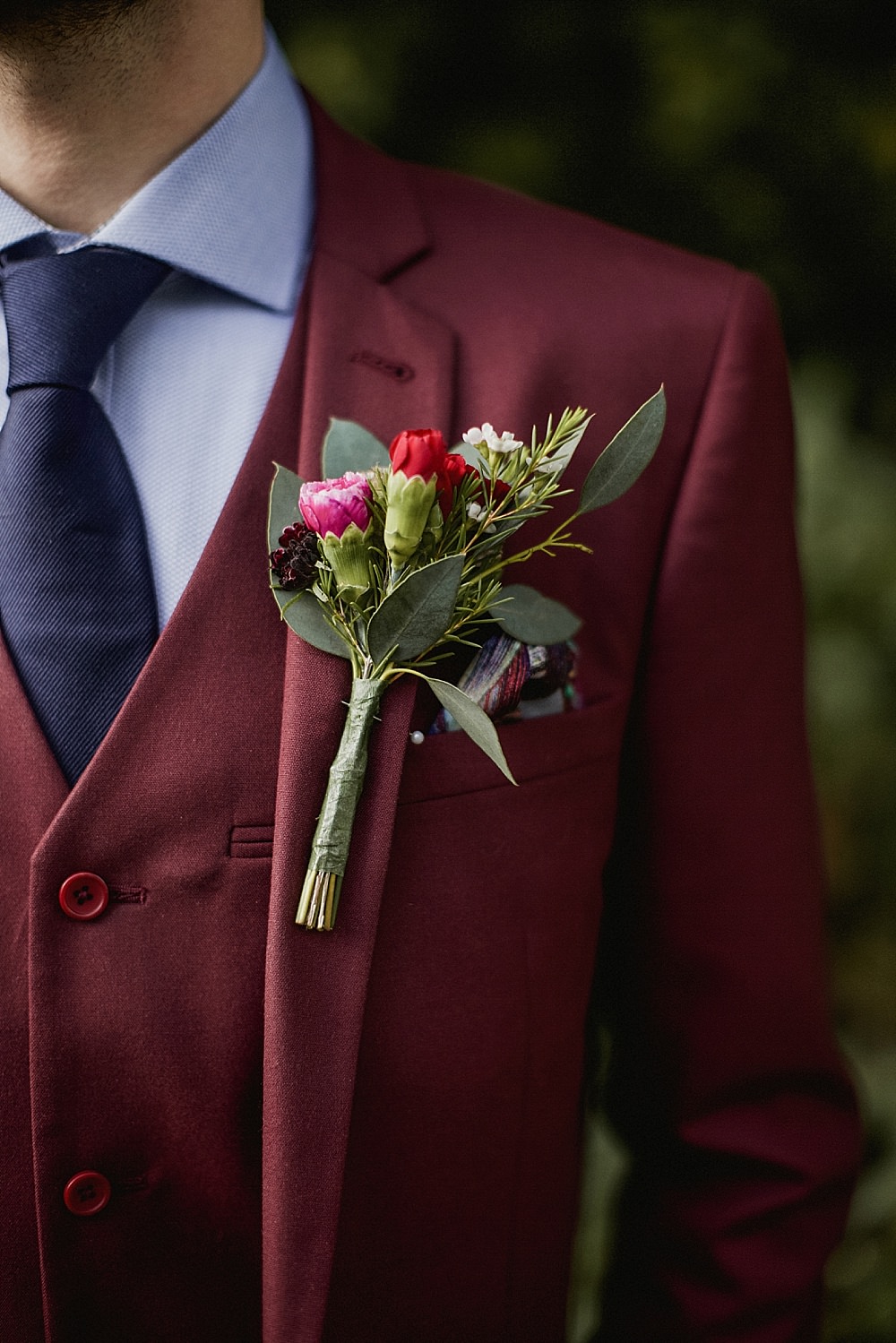 Groom Suit Burgundy Navy Tie Buttonhole Flowers Abbeydale Picture House Wedding We Are Da Silva