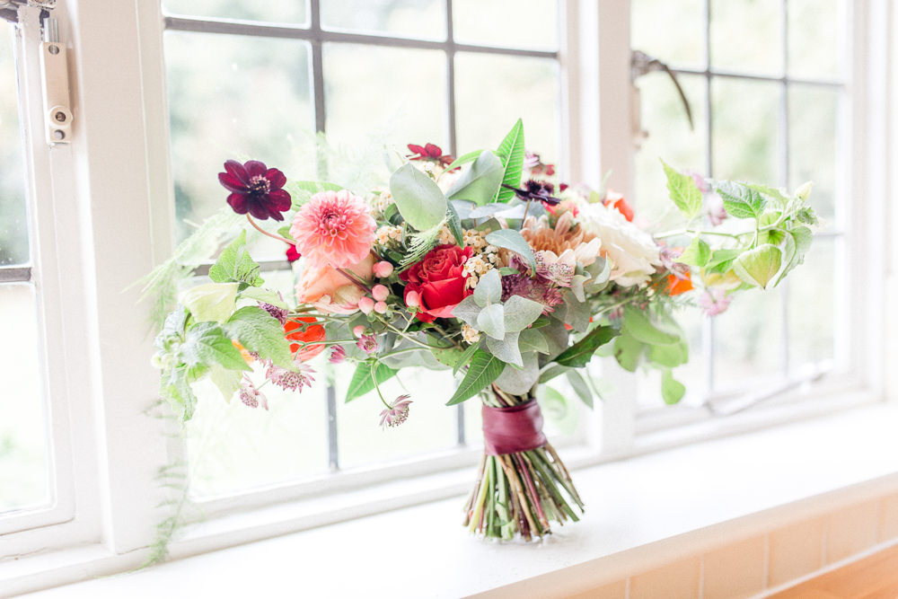 Bouquet Flowers Bride Bridal Red Orange Dahlia Rose Fern Yellow Autumnal Boho Wedding Ivory White Photography
