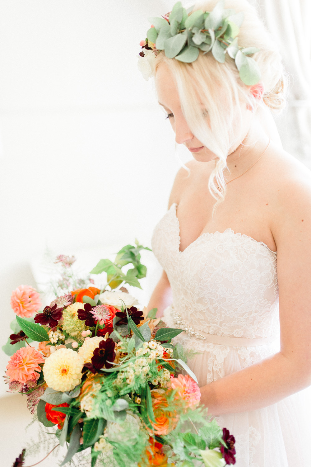 Bride Bridal Flower Crown Greenery Bouquet Flowers Bride Bridal Red Orange Dahlia Rose Fern Yellow Autumnal Boho Wedding Ivory White Photography