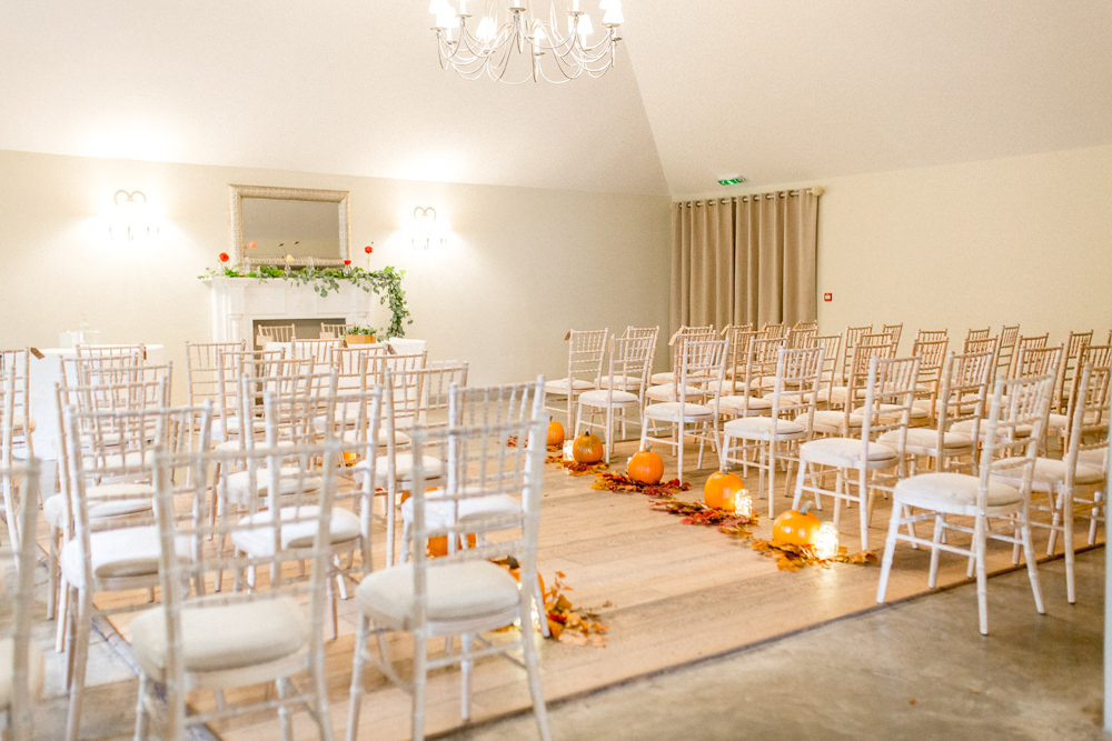 Ceremony Aisle Pumpkins Candles Leaves Autumnal Boho Wedding Ivory White Photography