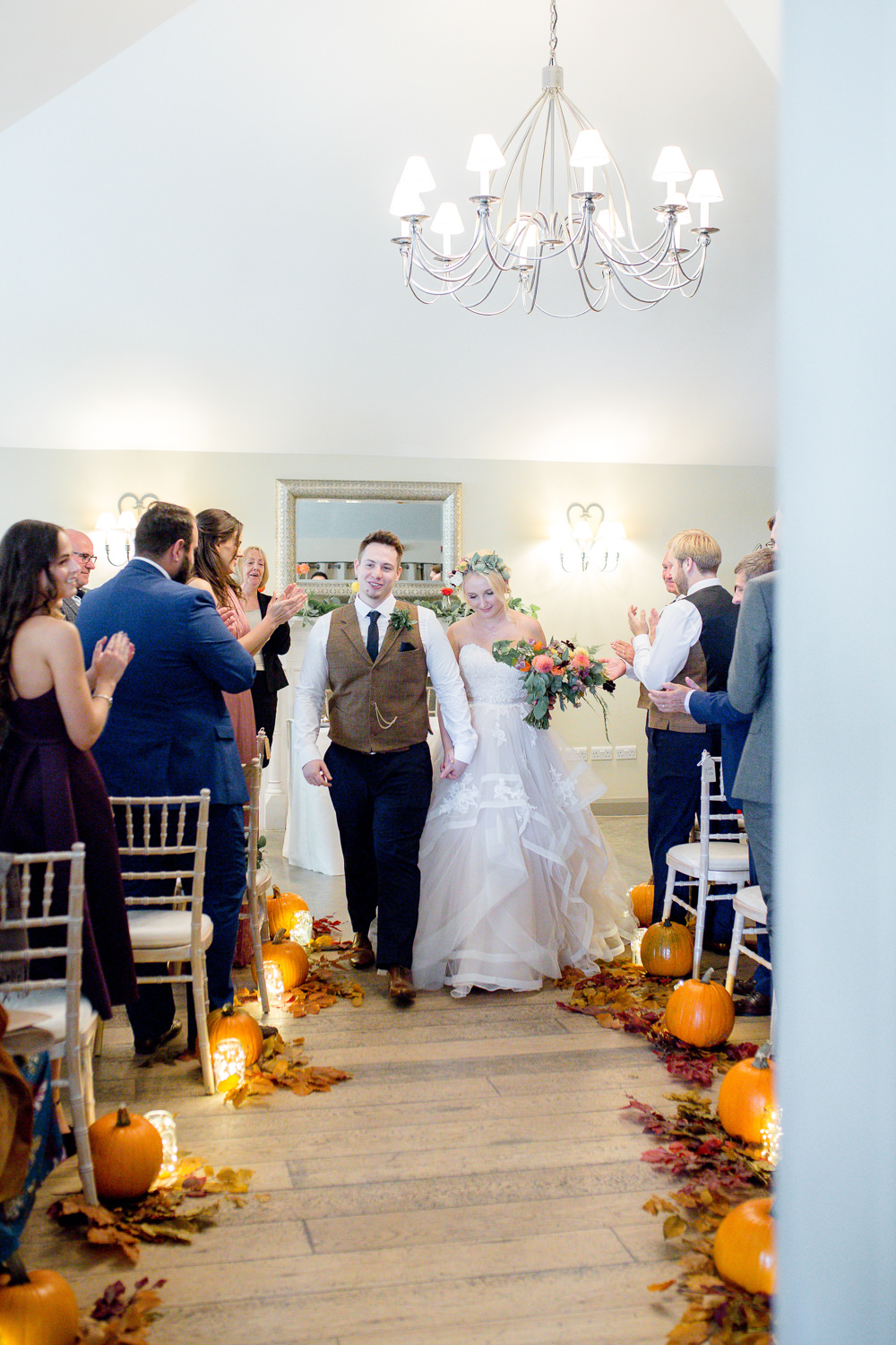 Ceremony Aisle Pumpkins Candles Leaves Autumnal Boho Wedding Ivory White Photography