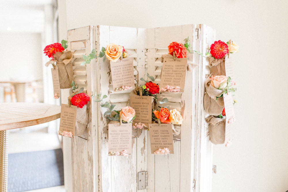 Room Divider Shutters Seating Plan Table Chart Flowers Floral Autumnal Boho Wedding Ivory White Photography