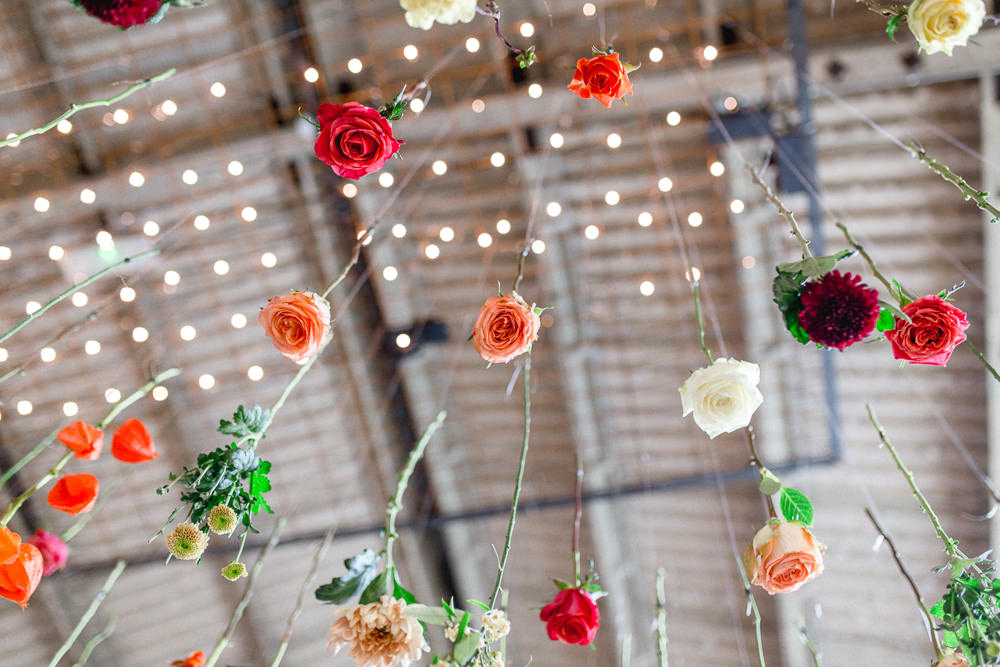 Hanging Flowers Ceiling Suspended Installation Decor Barn Autumnal Boho Wedding Ivory White Photography