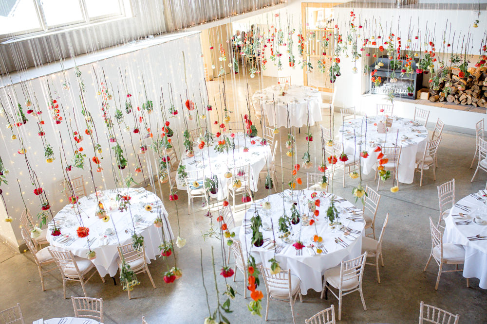 Hanging Flowers Ceiling Suspended Installation Decor Barn Autumnal Boho Wedding Ivory White Photography