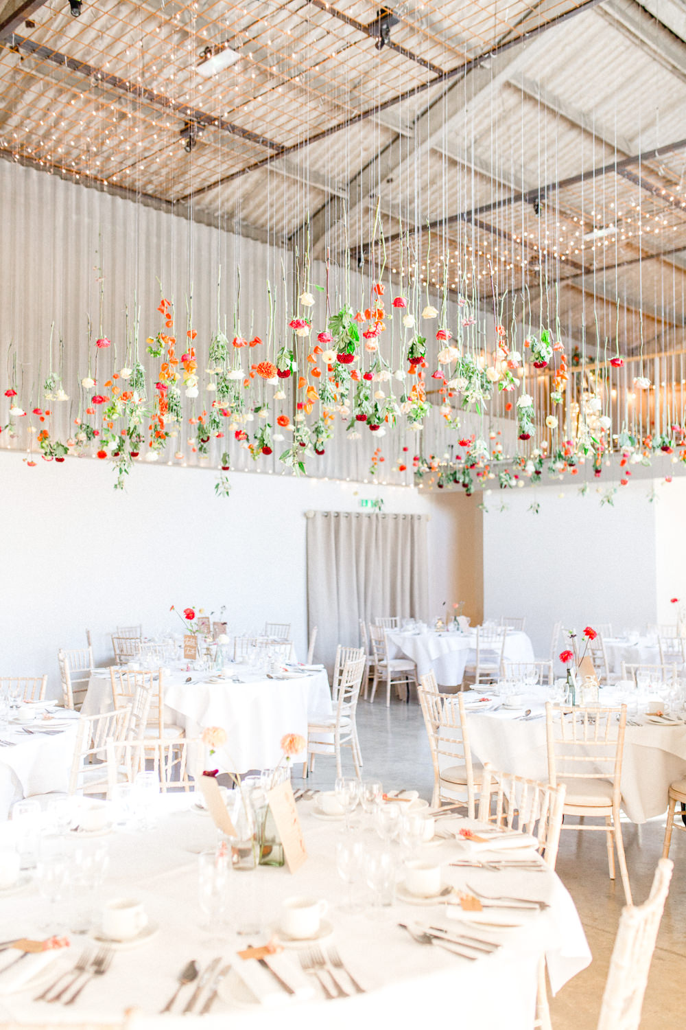 Hanging Flowers Ceiling Suspended Installation Decor Barn Autumnal Boho Wedding Ivory White Photography