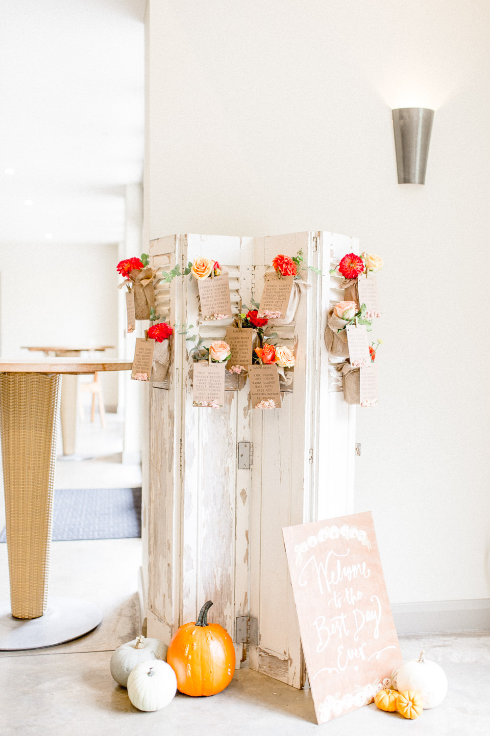 Room Divider Shutters Seating Plan Table Chart Flowers Floral Autumnal Boho Wedding Ivory White Photography