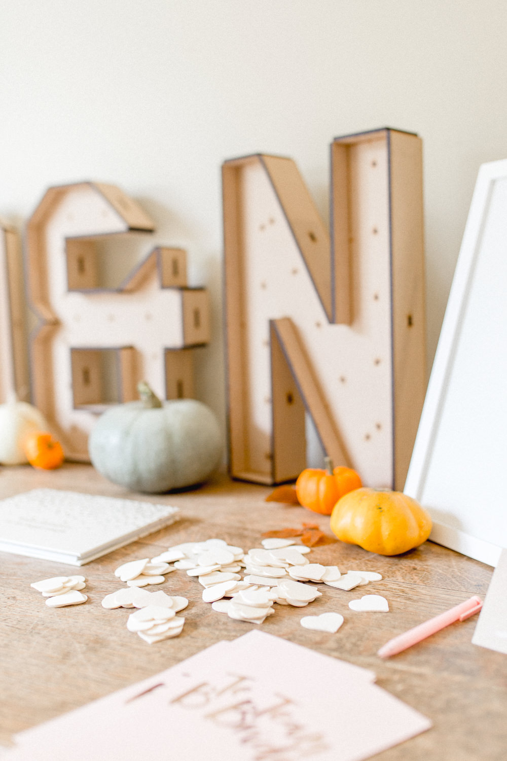 Heart Table Confetti Pumpkins Autumnal Boho Wedding Ivory White Photography