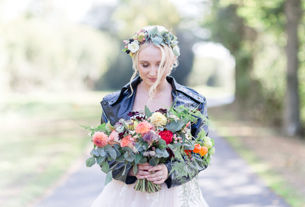 Bouquet Flowers Bride Bridal Red Orange Dahlia Rose Fern Yellow Flower Crown Leather Jacket Autumnal Boho Wedding Ivory White Photography