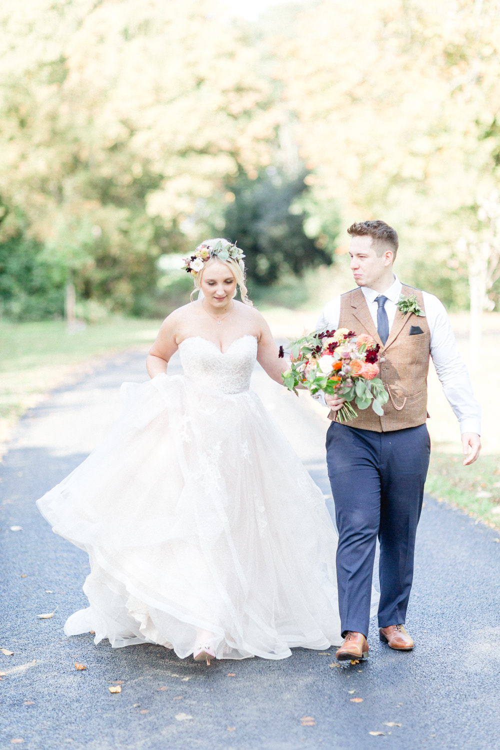 Groom Groomsmen Suits Attire Outfits Waistcoats Chinos Dress Gown Bride Bridal Lace Strapless Sweetheart Stella York Princess Ruffle Skirt Autumnal Boho Wedding Ivory White Photography