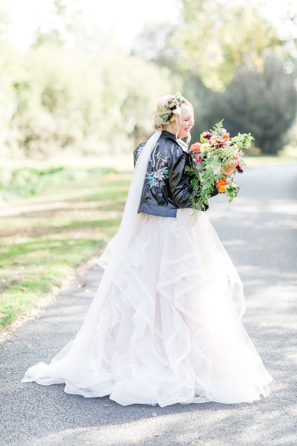 Dress Gown Bride Bridal Lace Strapless Sweetheart Stella York Princess Ruffle Skirt Leather Jacket Autumnal Boho Wedding Ivory White Photography