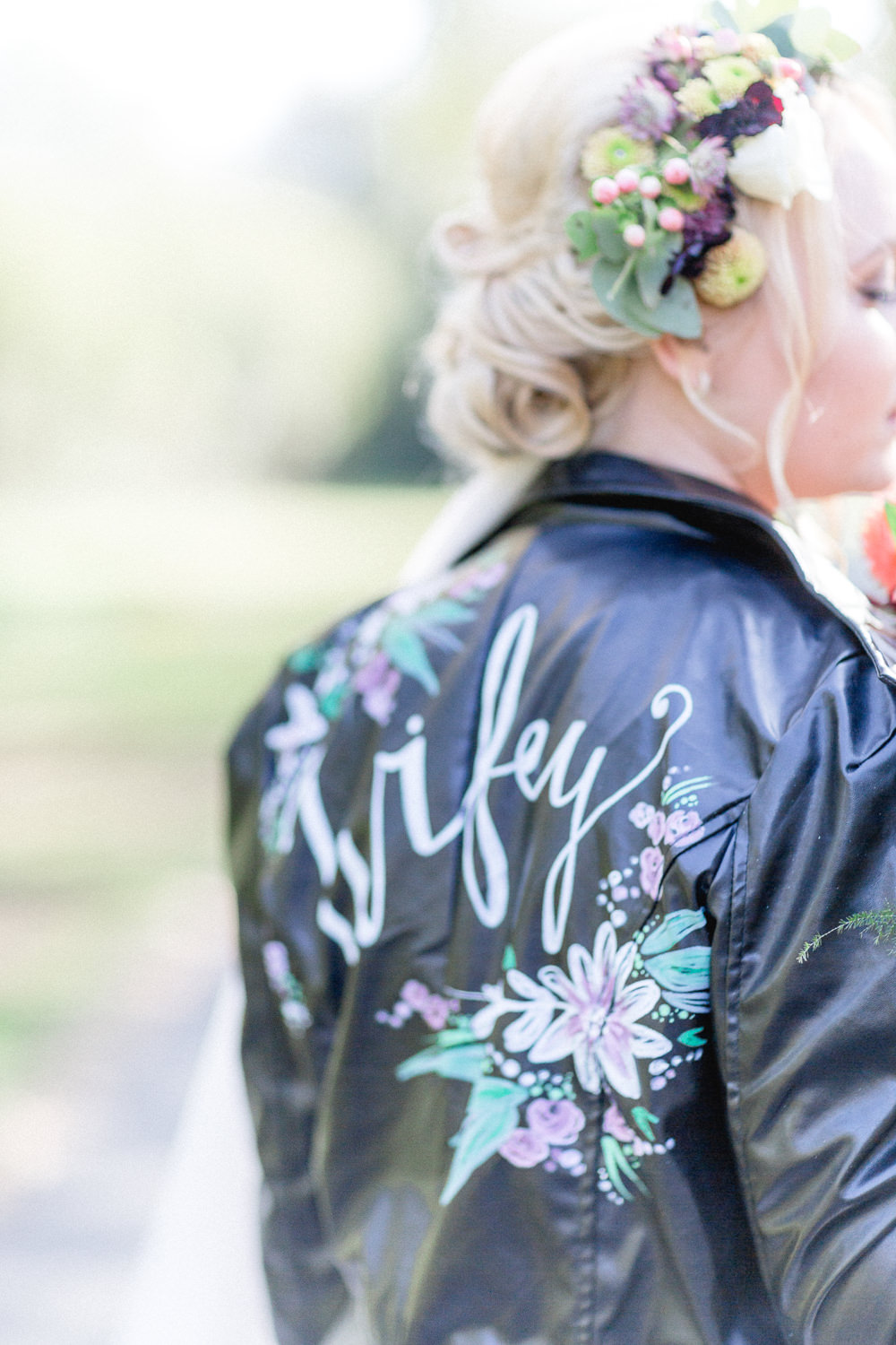 Leather Jacket Bride Bridal Personalised Painted Floral Accessory Wifey Autumnal Boho Wedding Ivory White Photography