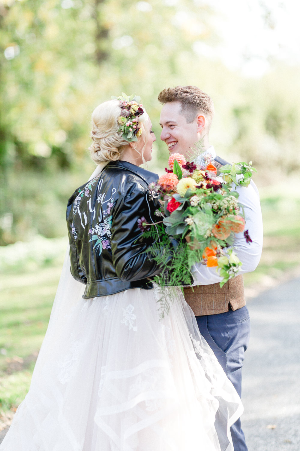 Leather Jacket Bride Bridal Personalised Painted Floral Accessory Wifey Autumnal Boho Wedding Ivory White Photography