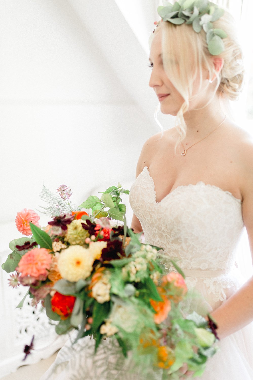 Bouquet Flowers Bride Bridal Red Orange Dahlia Rose Fern Yellow Autumnal Boho Wedding Ivory White Photography