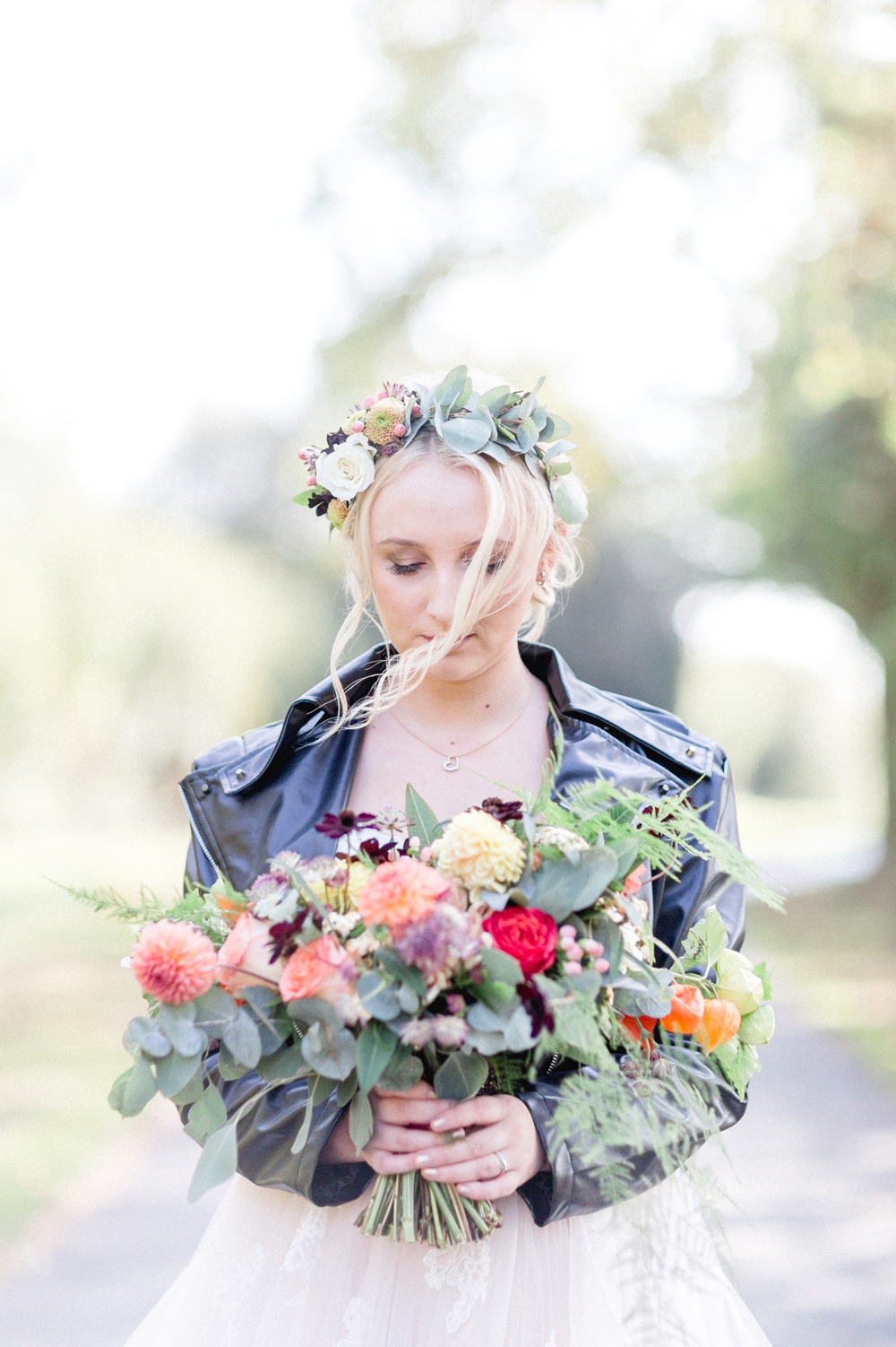Bouquet Flowers Bride Bridal Red Orange Dahlia Rose Fern Yellow Flower Crown Leather Jacket Autumnal Boho Wedding Ivory White Photography