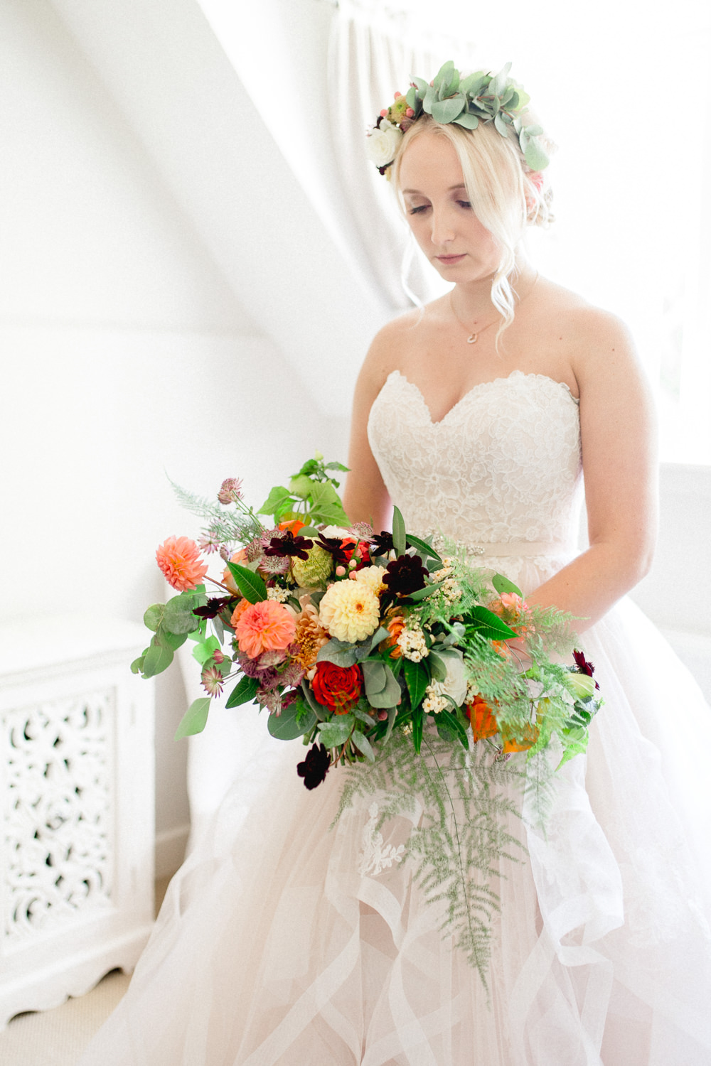 Bouquet Flowers Bride Bridal Red Orange Dahlia Rose Fern Yellow Autumnal Boho Wedding Ivory White Photography