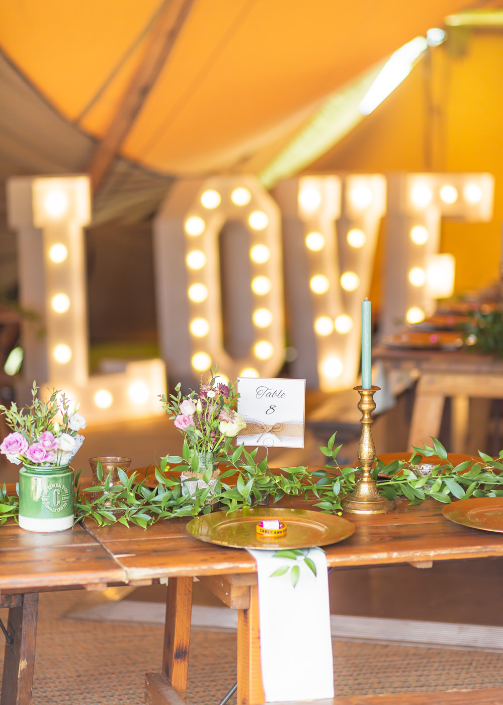 Greenery Foliage Garden Pink Flowers Love Light Letters Bedfordshire Tipi Wedding Natalie Stevenson Photography