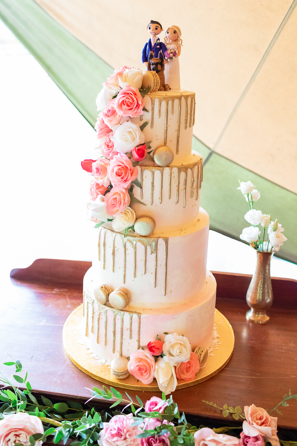 Pink Gold Drip Cake Flowers Floral Rose Personalised Cake Topper Bedfordshire Tipi Wedding Natalie Stevenson Photography