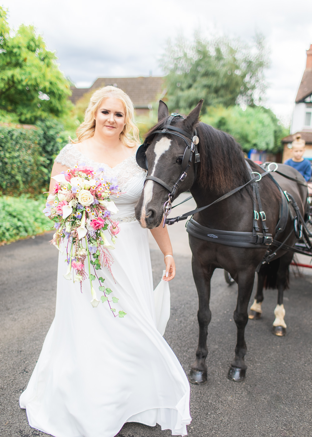 Bride Bridal Short Sleeve Lace V Neck Dress Gown Horse Carriage Cascade Waterfall Bouquet Bedfordshire Tipi Wedding Natalie Stevenson Photography