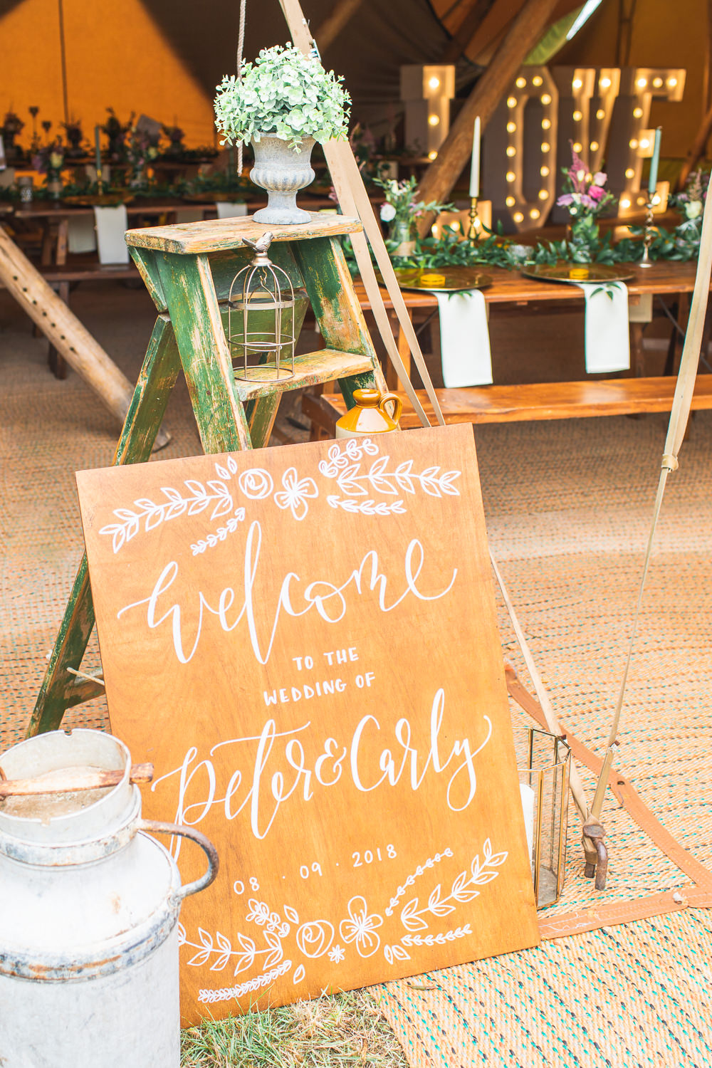 Stepladder Display Welcome Sign Calligraphy Bedfordshire Tipi Wedding Natalie Stevenson Photography