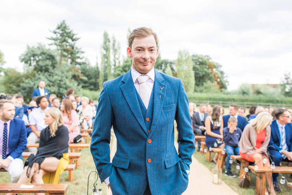 Blue Wool Tweed Suit Waistcoat Three Piece Groom Bedfordshire Tipi Wedding Natalie Stevenson Photography