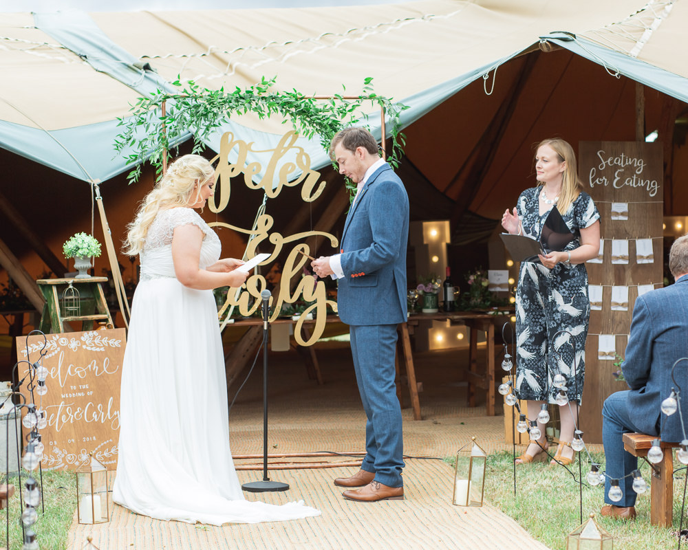 Bride Bridal Short Sleeve Lace V Neck Dress Gown Laser Cut Ceremony Backdrop Outdoor Navy Wool Tweed Suit Groom Bedfordshire Tipi Wedding Natalie Stevenson Photography