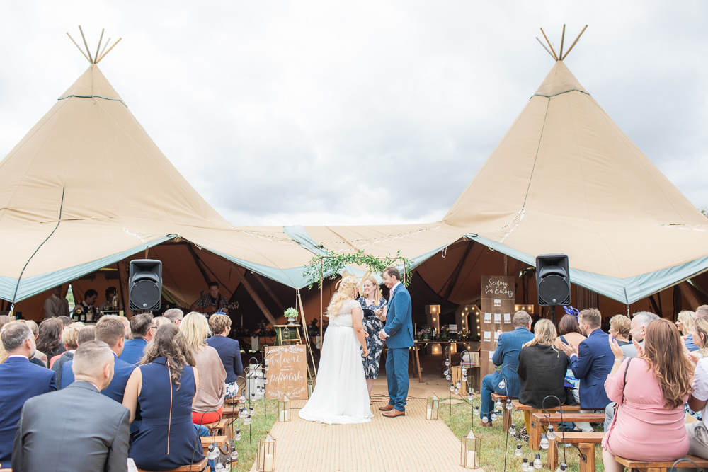 Bride Bridal Short Sleeve Lace V Neck Dress Gown Navy Wool Tweed Suit Groom Bedfordshire Tipi Wedding Natalie Stevenson Photography