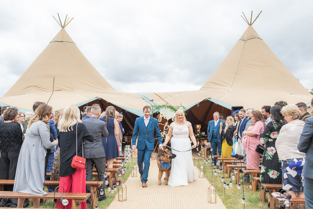 Bride Bridal Short Sleeve Lace V Neck Dress Gown Navy Tweed Suit Groom Dog Bedfordshire Tipi Wedding Natalie Stevenson Photography