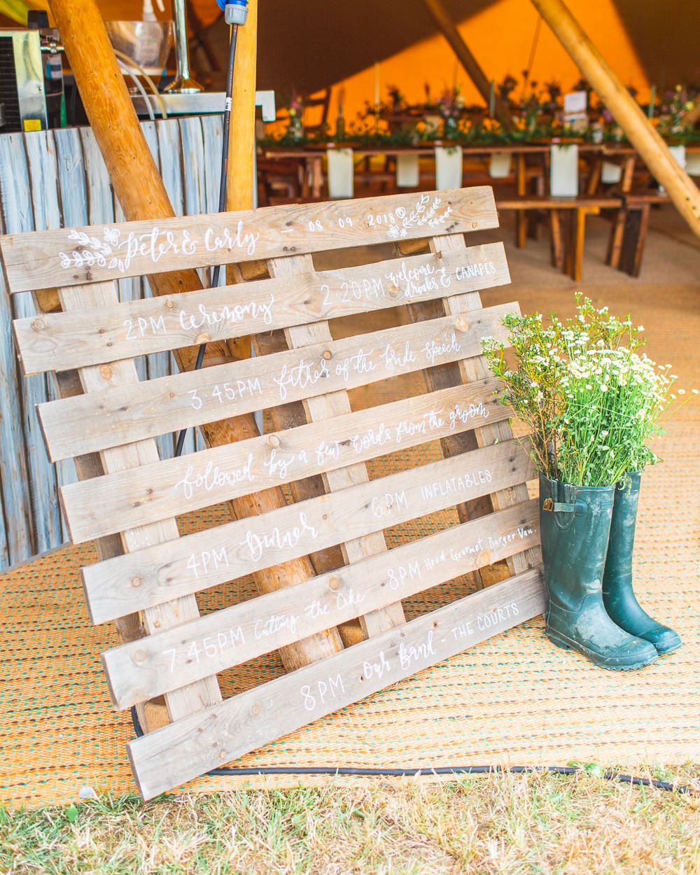 Pallet Timings Sign DIY Calligraphy Bedfordshire Tipi Wedding Natalie Stevenson Photography