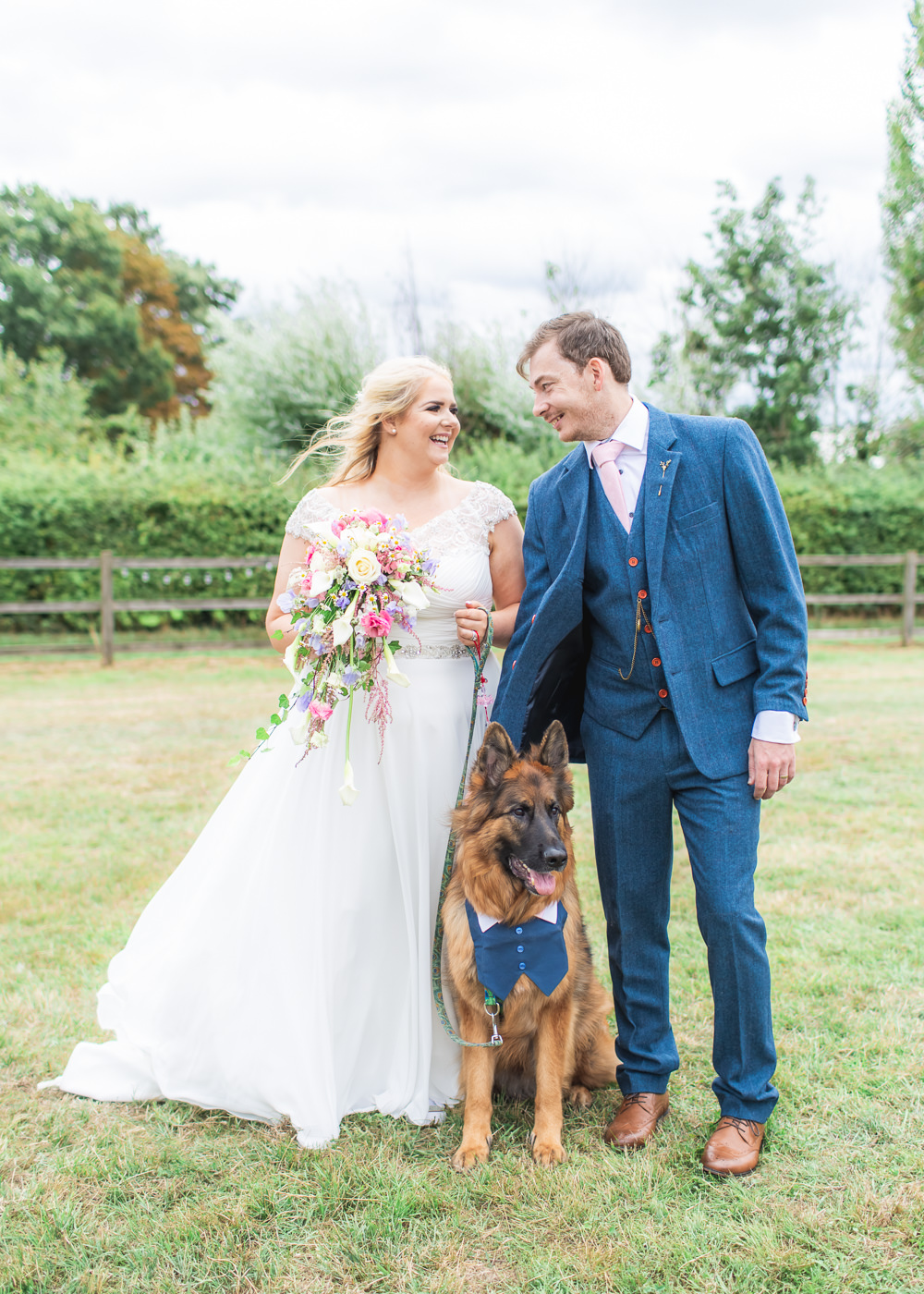 Bride Bridal Short Sleeve Lace V Neck Dress Gown navy Wool Tweed Suit Groom Waterfall Bouquet Dog Bedfordshire Tipi Wedding Natalie Stevenson Photography