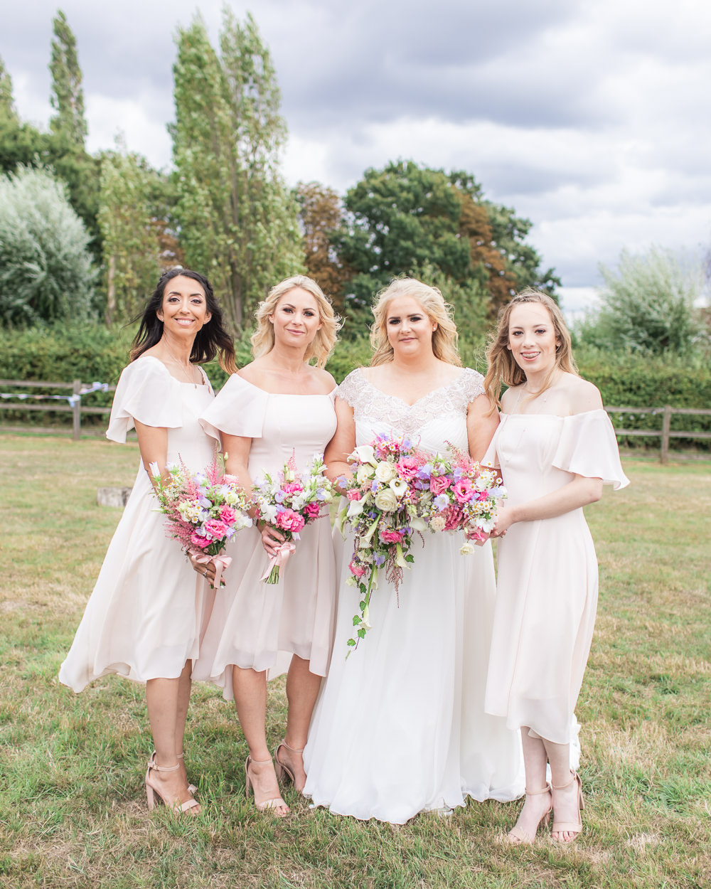 Bride Bridal Short Sleeve Lace V Neck Dress Gown Waterfall Bouquet Off the Shoulder Bridesmaids Bedfordshire Tipi Wedding Natalie Stevenson Photography