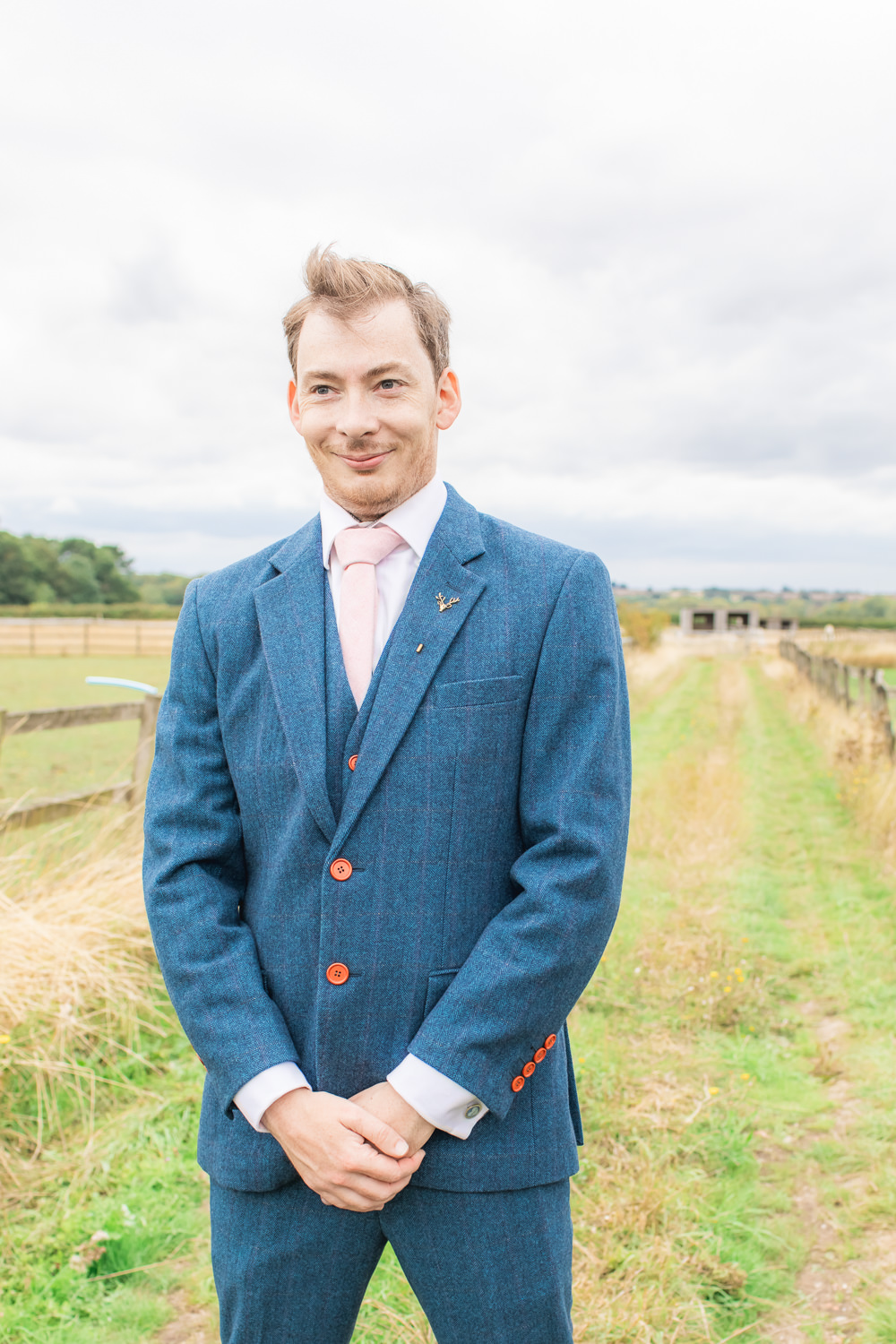Tweed Wool Navy Blue Suit Groom Three Piece Waistcoat Bedfordshire Tipi Wedding Natalie Stevenson Photography