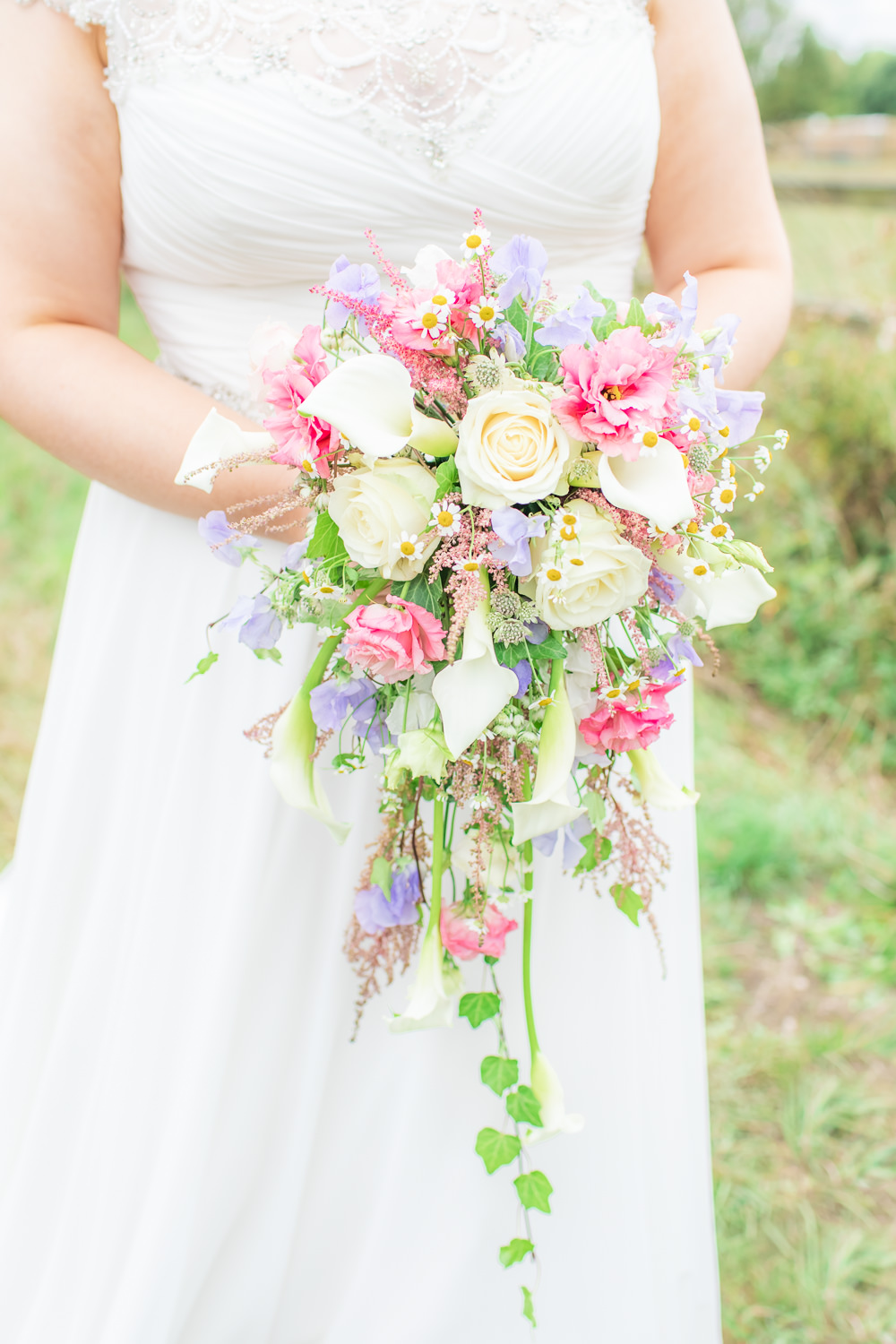 Bride Bridal Bouquet Daisy Cascading Waterfall Rose Bedfordshire Tipi Wedding Natalie Stevenson Photography