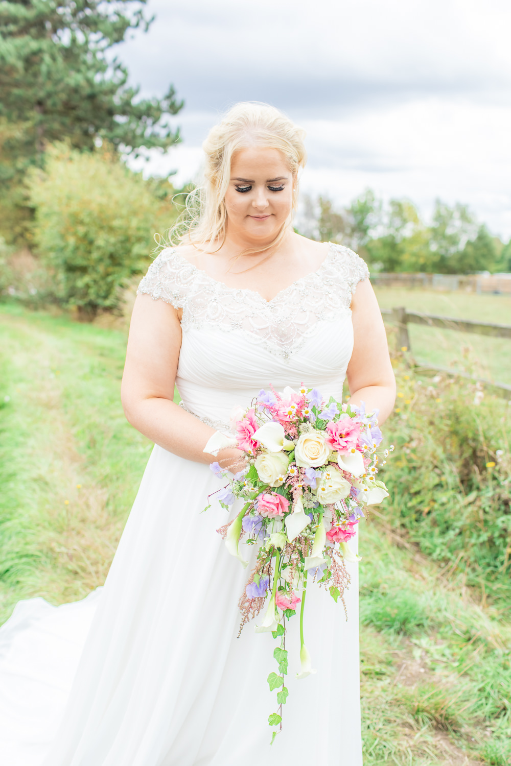 Bride Bridal Short Sleeve Lace V Neck Dress Gown Cascading Bouquet Waterfall Bedfordshire Tipi Wedding Natalie Stevenson Photography