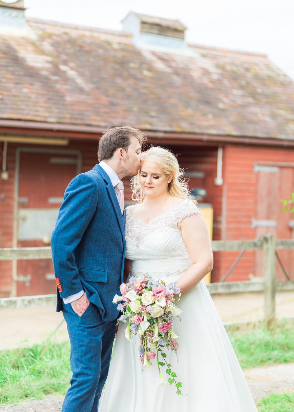 Bride Bridal Short Sleeve Lace V Neck Dress Gown Navy Wool Tweed Suit Groom Waterfall Bouquet Bedfordshire Tipi Wedding Natalie Stevenson Photography