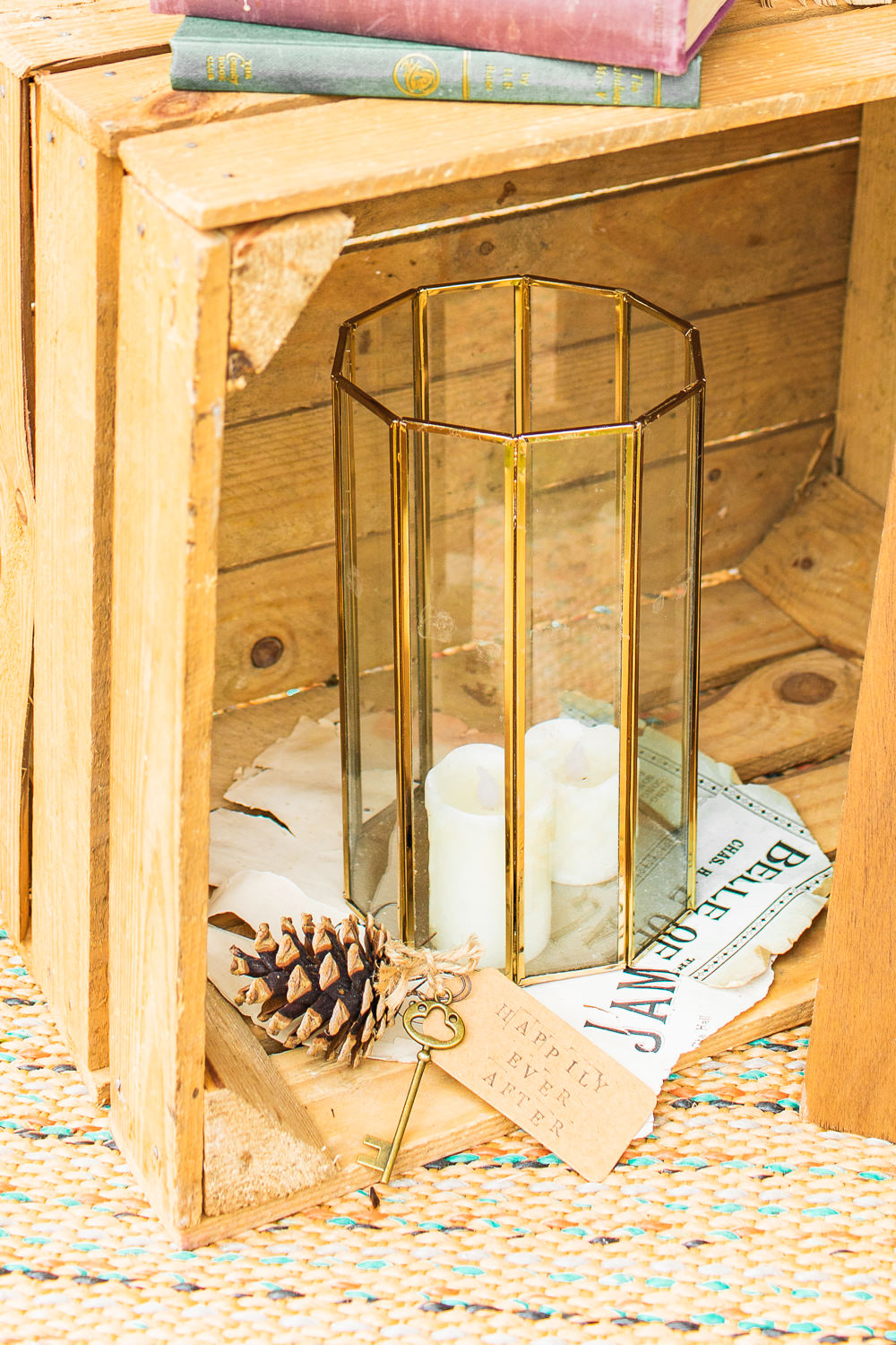 Happily Ever After Key Tag Wooden Crate Hurricane Lantern Bedfordshire Tipi Wedding Natalie Stevenson Photography