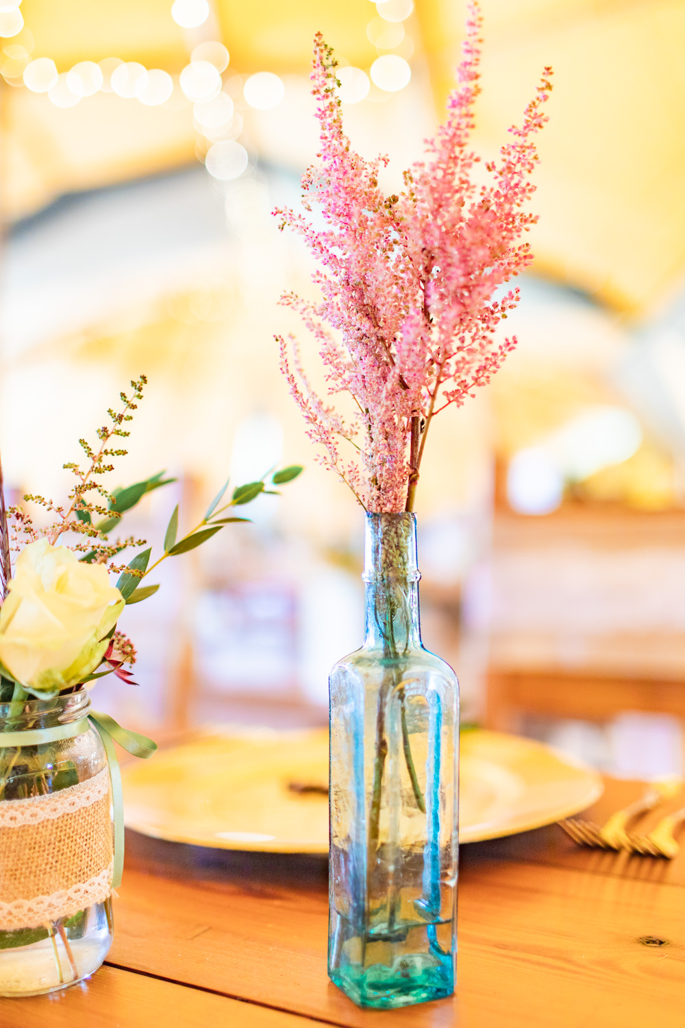 Bottle Jam Jar Hessian Lace Flowers Floral Bedfordshire Tipi Wedding Natalie Stevenson Photography