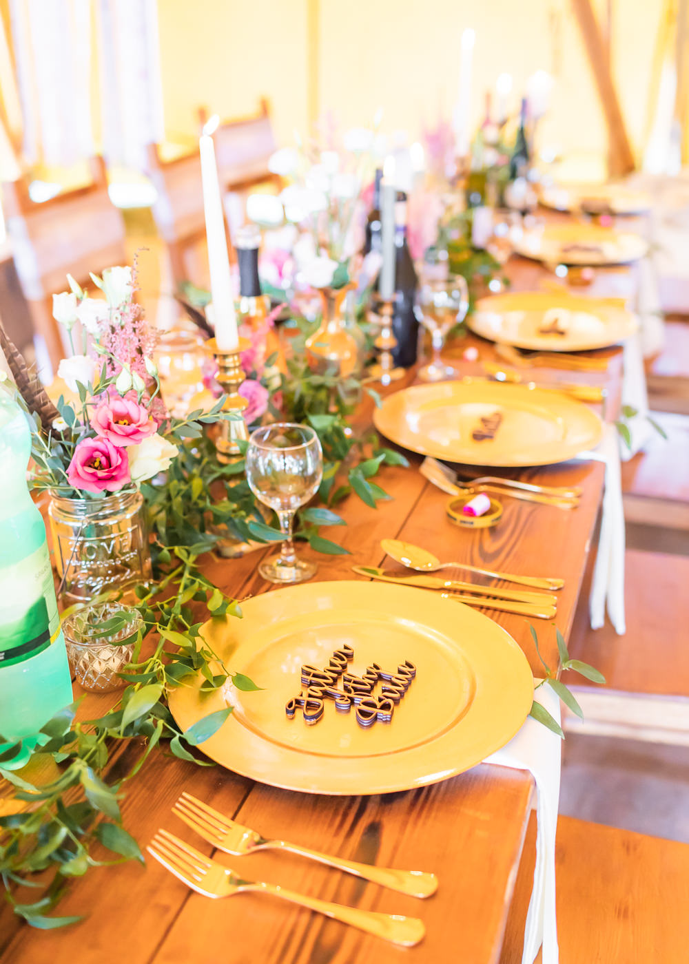 Gold Charger Plate Laser Cut Place Name Flowers Floral Greenery Bedfordshire Tipi Wedding Natalie Stevenson Photography