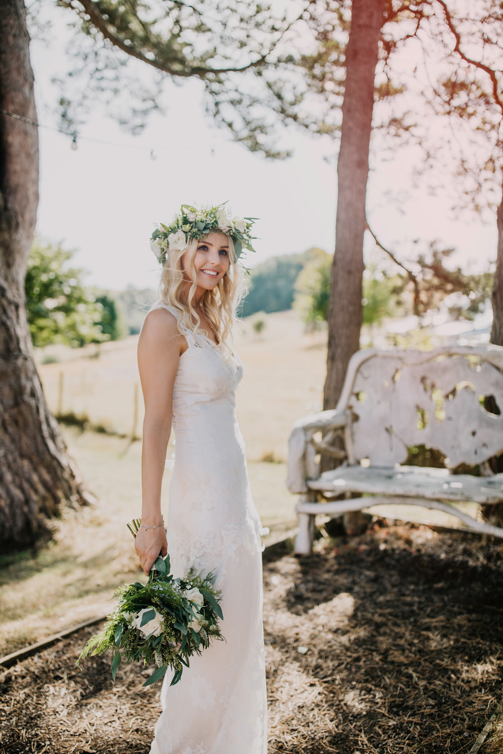 Bride Bridal Dress Gown Boho Lace Claire Pettibone Gardenia Bride Bridal Flower Crown Greenery Foliage Bohemian Carefree Countryside Wedding Lush Imaging by Naomi