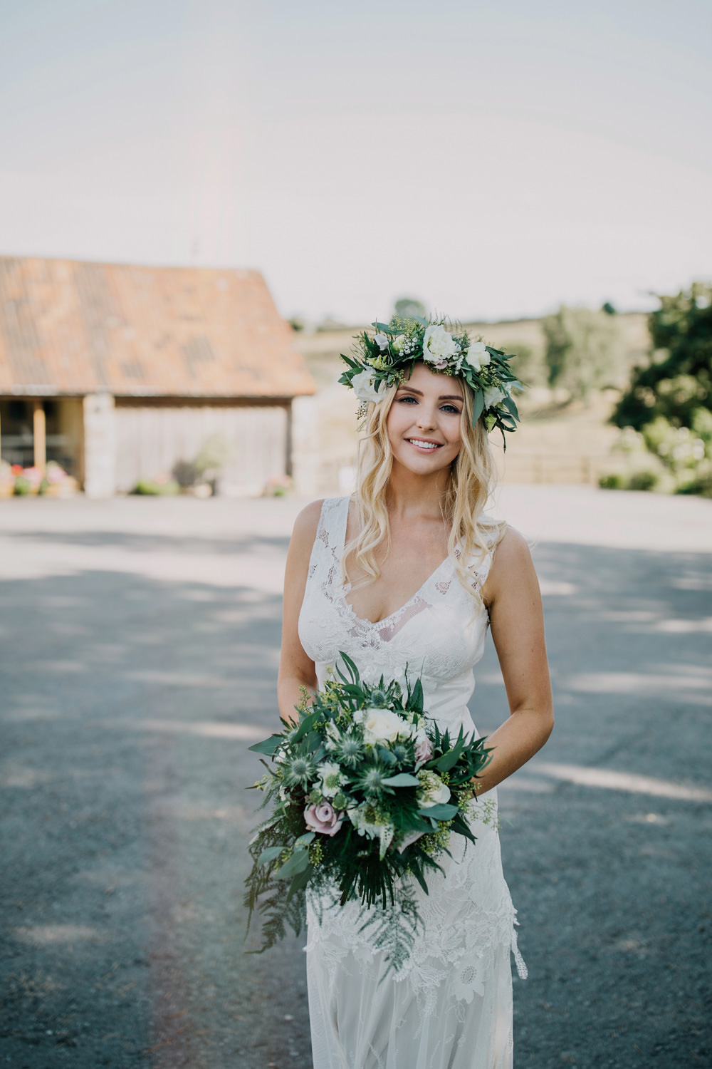 Bride Bridal Dress Gown Boho Lace Claire Pettibone Gardenia Bride Bridal Flower Crown Greenery Foliage Bohemian Carefree Countryside Wedding Lush Imaging by Naomi
