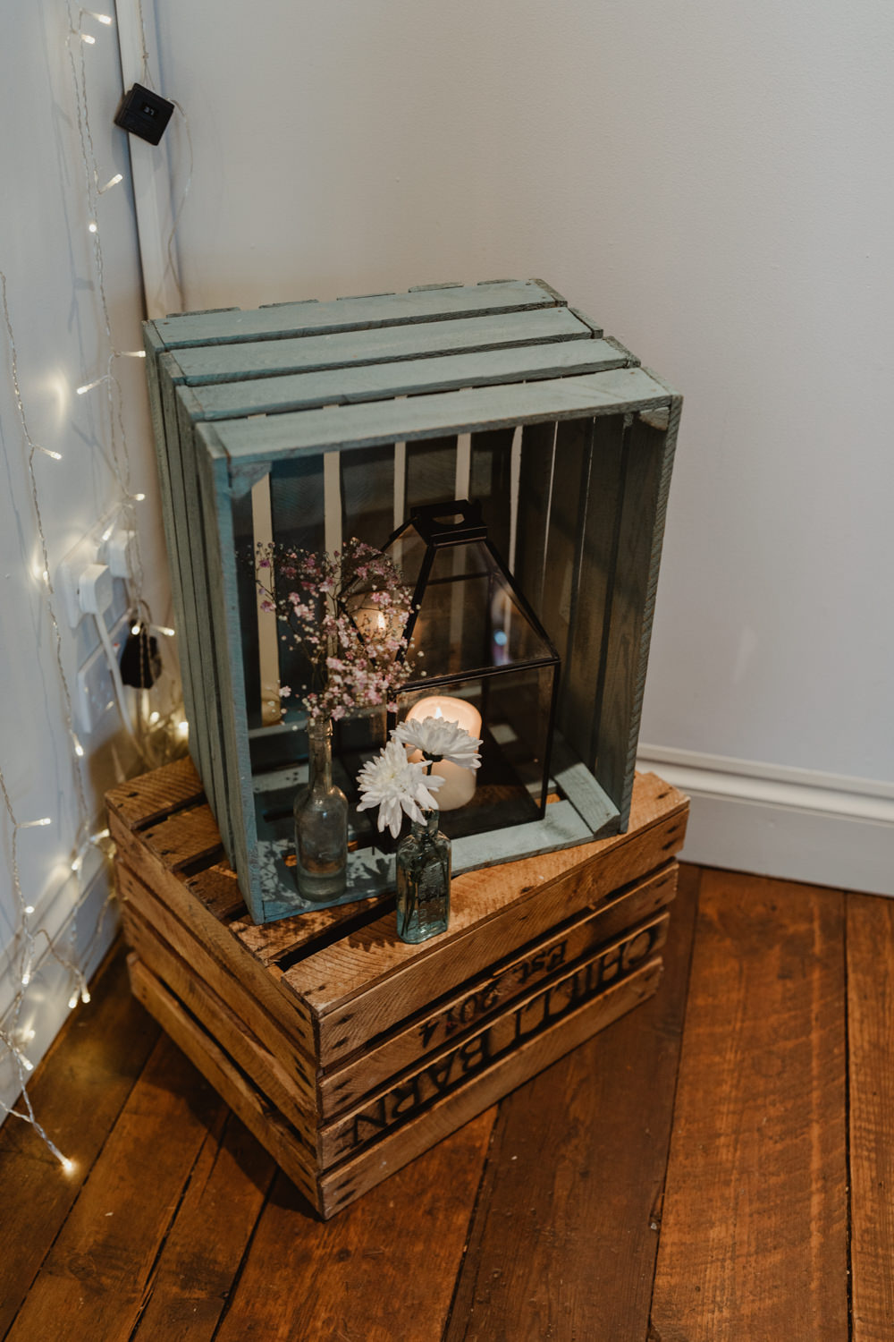 Wooden Crate Decor Candles Flowers Chilli Barn Wedding Stevie Jay Photography