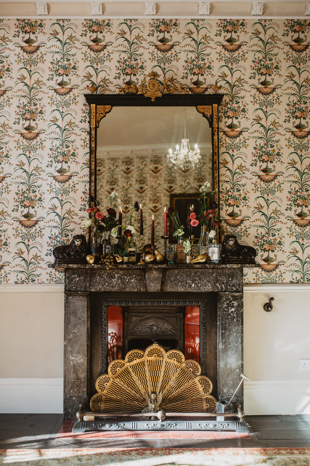 Fireplace Mantle Piece Flowers Bottles Candles Decor Edwardian Wedding Ideas Camilla Andrea Photography