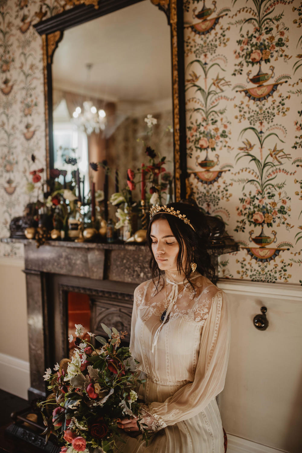 Fireplace Mantle Piece Flowers Bottles Candles Decor Edwardian Wedding Ideas Camilla Andrea Photography
